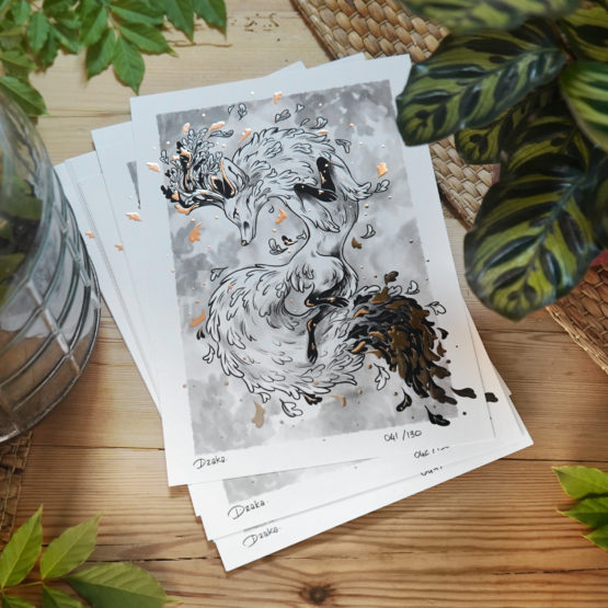 Print A4 limité • Cerf Renard N&B Dorure