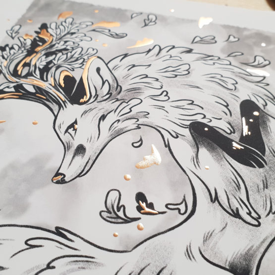 Print A4 limité • Cerf Renard N&B Dorure – Image 6