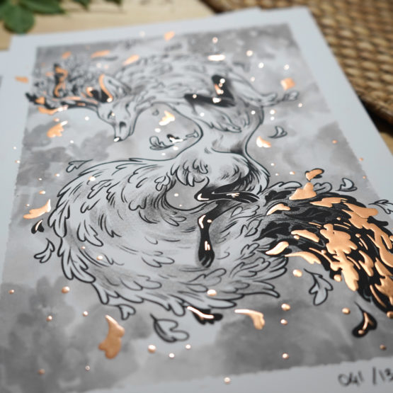 Print A4 limité • Cerf Renard N&B Dorure – Image 4
